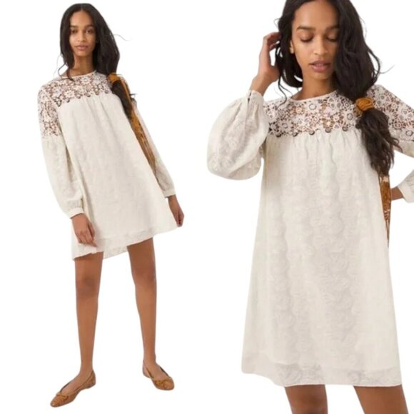 Anthropologie Verb Pallavi Singee Josephine Ivory Cream Lace Long Sleeve Dress - Picture 2 of 14